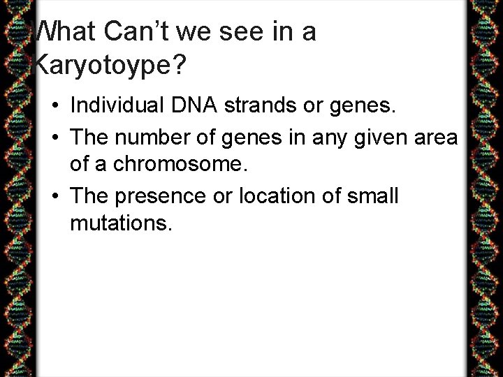 What Can’t we see in a Karyotoype? • Individual DNA strands or genes. •