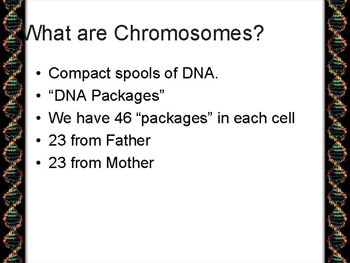 What are Chromosomes? • • • Compact spools of DNA. “DNA Packages” We have