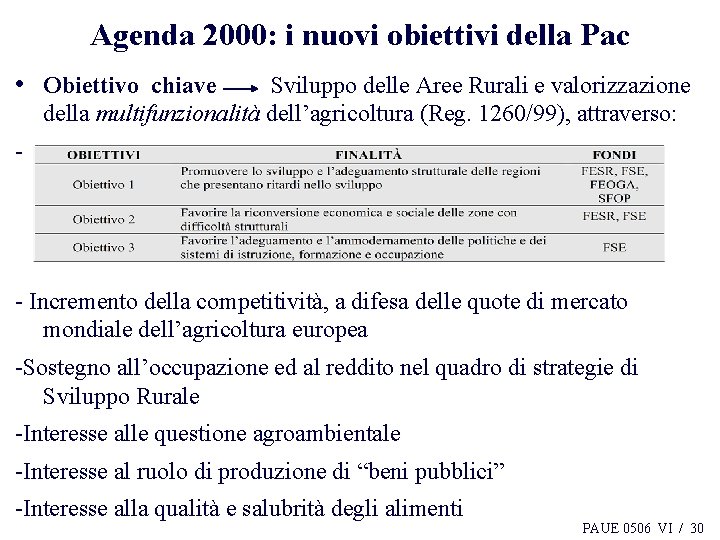 Agenda 2000: i nuovi obiettivi della Pac • Obiettivo chiave Sviluppo delle Aree Rurali