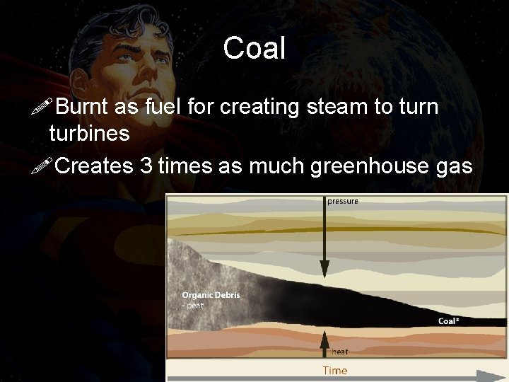 Coal !Burnt as fuel for creating steam to turn turbines !Creates 3 times as