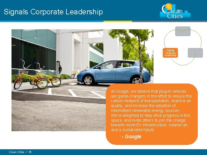 Signals Corporate Leadership At Google, we believe that plug-in vehicles are game-changers in the