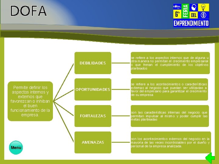 DOFA Permite definir los aspectos internos y externos que favorezcan o inhiban el buen