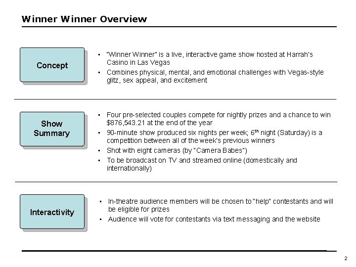 Winner Overview Concept Show Summary Interactivity • “Winner” is a live, interactive game show