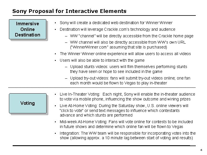 Sony Proposal for Interactive Elements Immersive Online Destination • Sony will create a dedicated