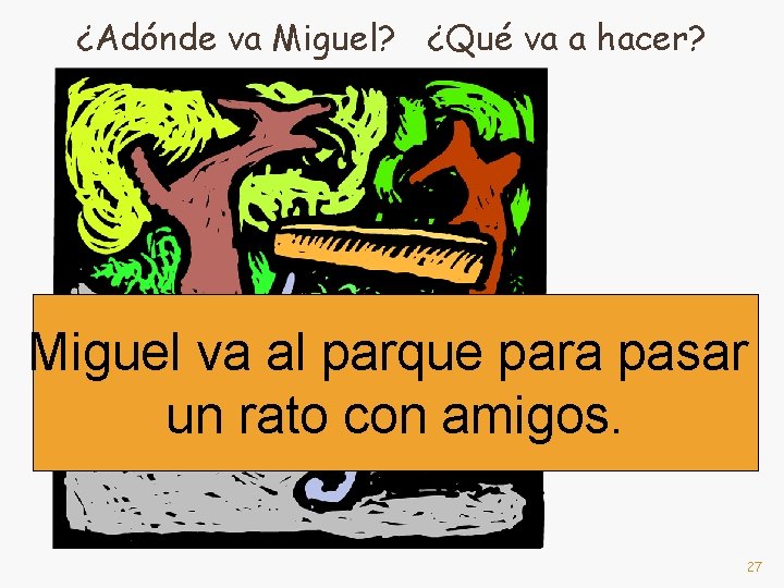 ¿Adónde va Miguel? ¿Qué va a hacer? Miguel va al parque para pasar un