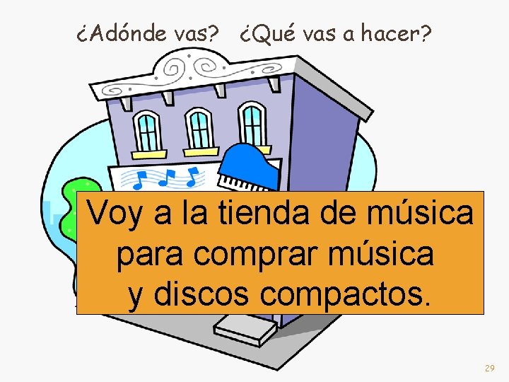 ¿Adónde vas? ¿Qué vas a hacer? Voy a la tienda de música para comprar