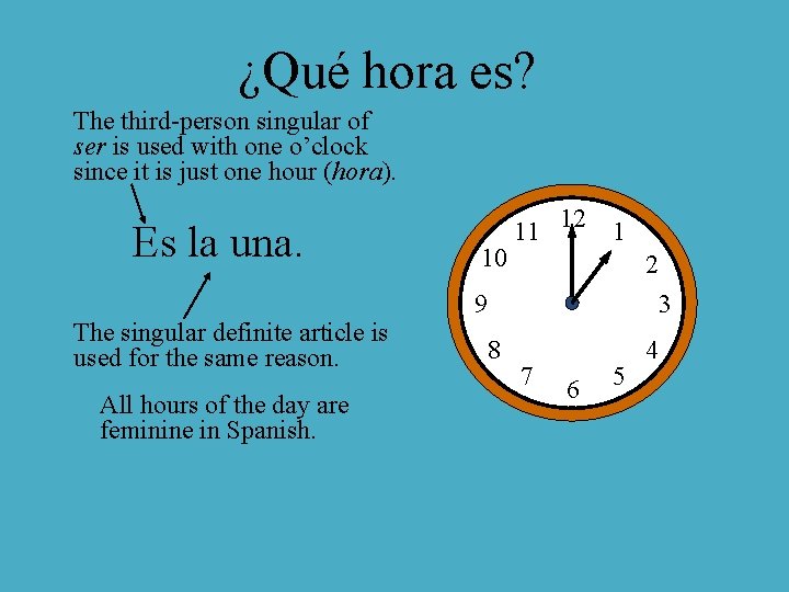 ¿Qué hora es? The third-person singular of ser is used with one o’clock since