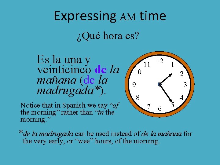 Expressing AM time ¿Qué hora es? Es la una y veinticinco de la mañana