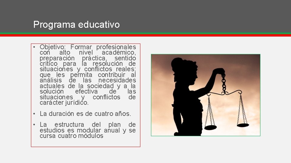 Programa educativo • Objetivo: Formar profesionales con alto nivel académico, preparación práctica, sentido crítico