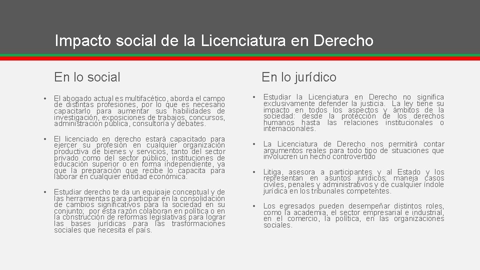 Impacto social de la Licenciatura en Derecho En lo jurídico En lo social •