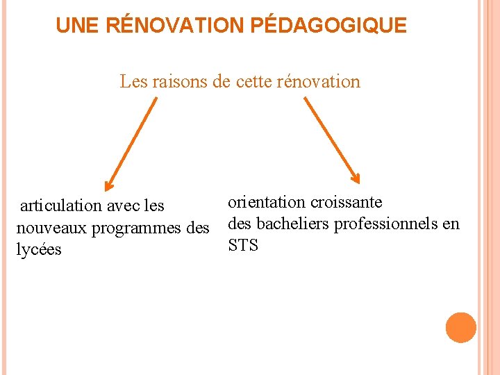 UNE RÉNOVATION PÉDAGOGIQUE Les raisons de cette rénovation orientation croissante articulation avec les nouveaux