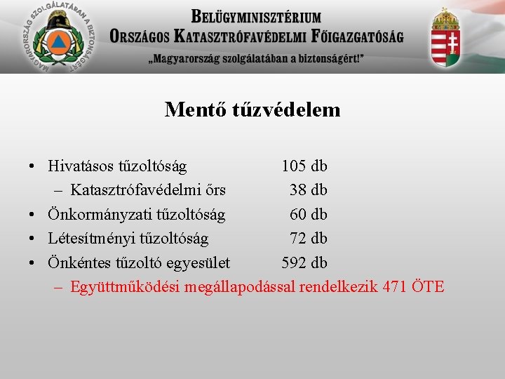 Mentő tűzvédelem • Hivatásos tűzoltóság 105 db – Katasztrófavédelmi őrs 38 db • Önkormányzati