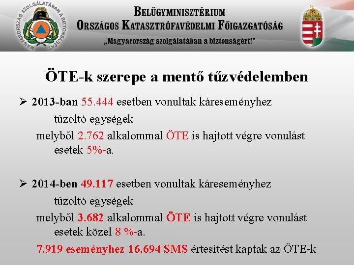 ÖTE-k szerepe a mentő tűzvédelemben Ø 2013 -ban 55. 444 esetben vonultak káreseményhez tűzoltó