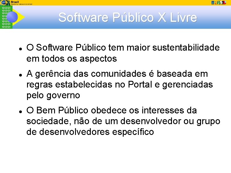 1010101 1010101 Software Público X Livre O Software Público tem maior sustentabilidade em todos