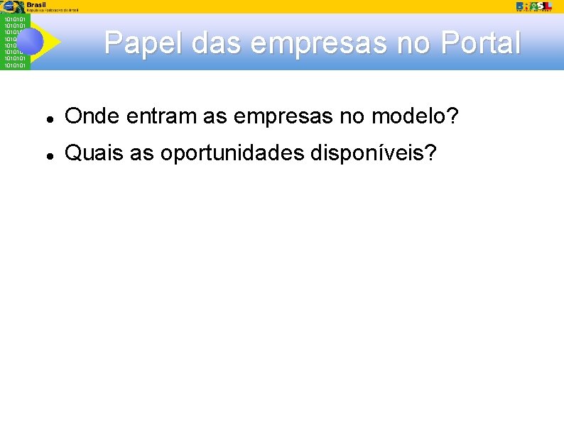 1010101 1010101 Papel das empresas no Portal Onde entram as empresas no modelo? Quais