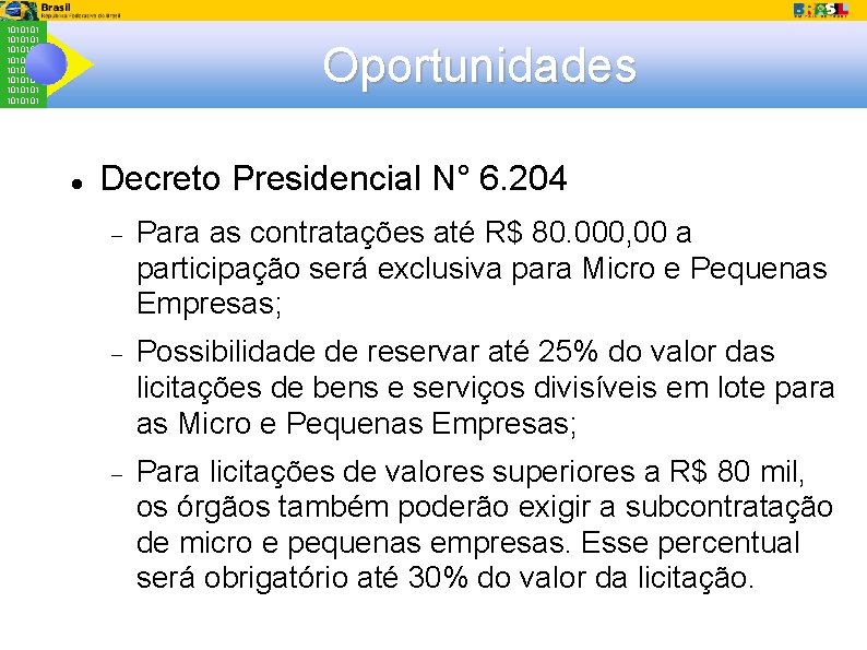 1010101 1010101 Oportunidades Decreto Presidencial N° 6. 204 Para as contratações até R$ 80.