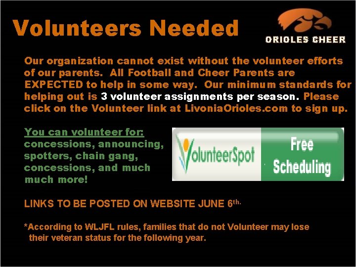 Volunteers Needed ORIOLES CHEER Our organization cannot exist without the volunteer efforts of our