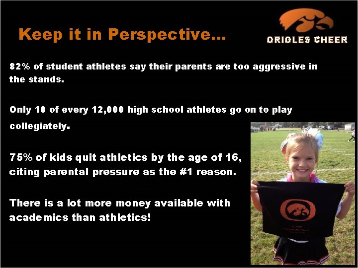 Keep it in Perspective… ORIOLES CHEER 82% of student athletes say their parents are