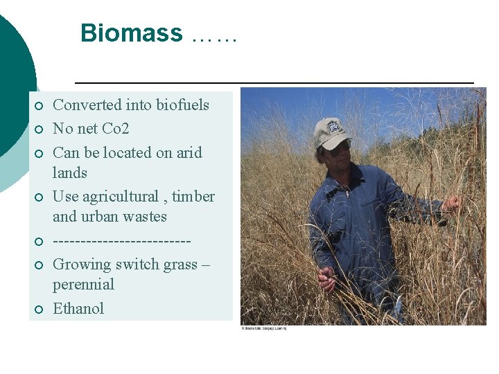 Biomass …… ¡ ¡ ¡ ¡ Converted into biofuels No net Co 2 Can