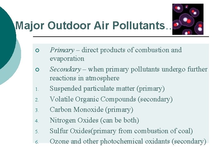 Major Outdoor Air Pollutants… ¡ ¡ 1. 2. 3. 4. 5. 6. Primary –