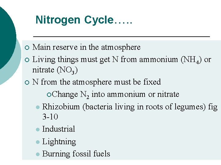 Nitrogen Cycle…. . ¡ ¡ ¡ Main reserve in the atmosphere Living things must