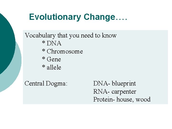 Evolutionary Change…. Vocabulary that you need to know * DNA * Chromosome * Gene