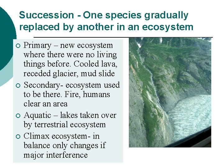 Succession - One species gradually replaced by another in an ecosystem ¡ ¡ Primary