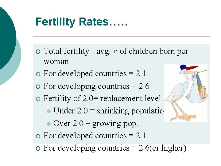 Fertility Rates…. . ¡ ¡ ¡ Total fertility= avg. # of children born per