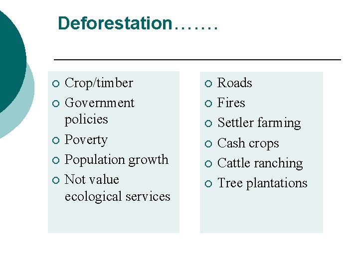 Deforestation……. ¡ ¡ ¡ Crop/timber Government policies Poverty Population growth Not value ecological services