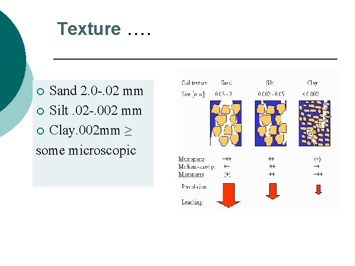 Texture …. Sand 2. 0 -. 02 mm ¡ Silt. 02 -. 002 mm