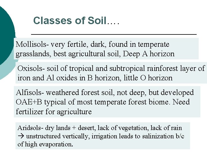 Classes of Soil…. Mollisols- very fertile, dark, found in temperate grasslands, best agricultural soil,