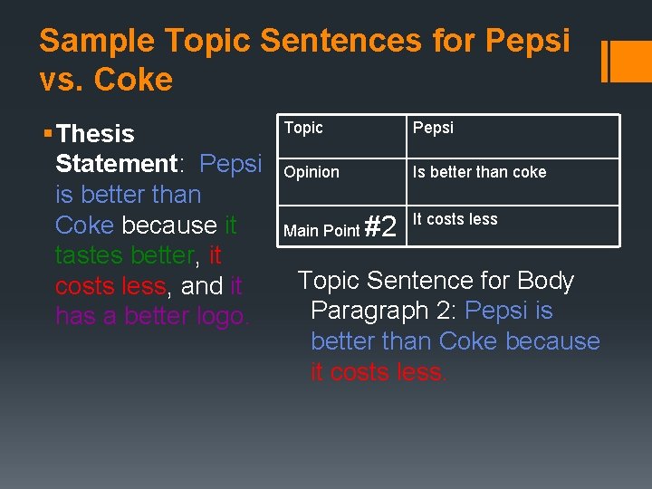 Sample Topic Sentences for Pepsi vs. Coke § Thesis Statement: Pepsi is better than