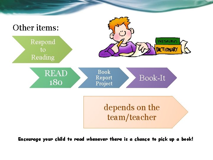 Other items: Respond to Reading READ 180 Book Report Project Book-It depends on the Other items: Respond to Reading READ 180 Book Report Project Book-It depends on the