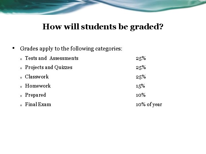 How will students be graded? • Grades apply to the following categories: o Tests How will students be graded? • Grades apply to the following categories: o Tests