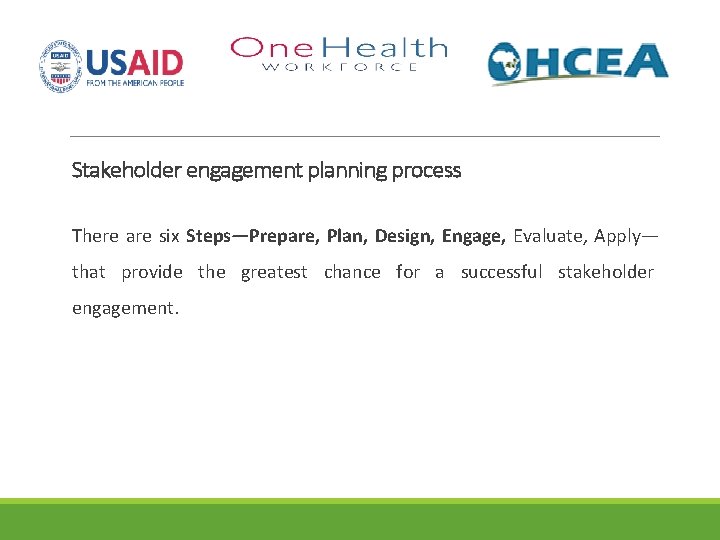 Stakeholder engagement planning process There are six Steps—Prepare, Plan, Design, Engage, Evaluate, Apply— that