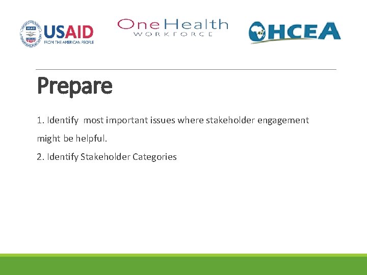 Prepare 1. Identify most important issues where stakeholder engagement might be helpful. 2. Identify
