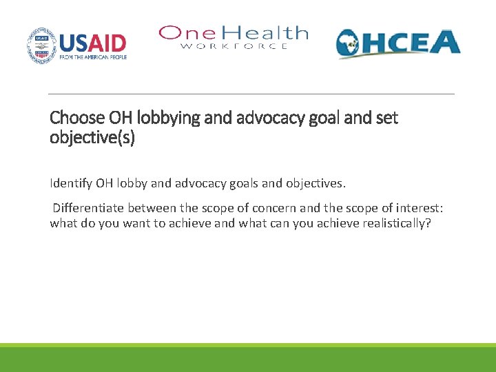 Choose OH lobbying and advocacy goal and set objective(s) Identify OH lobby and advocacy