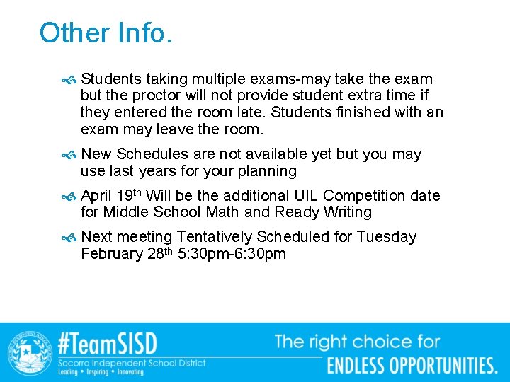 Other Info. Students taking multiple exams-may take the exam but the proctor will not