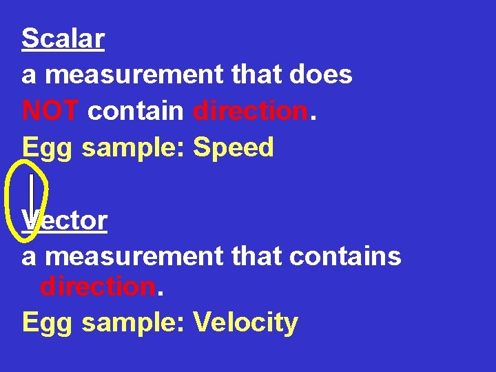 Scalar a measurement that does NOT contain direction. Egg sample: Speed Vector a measurement