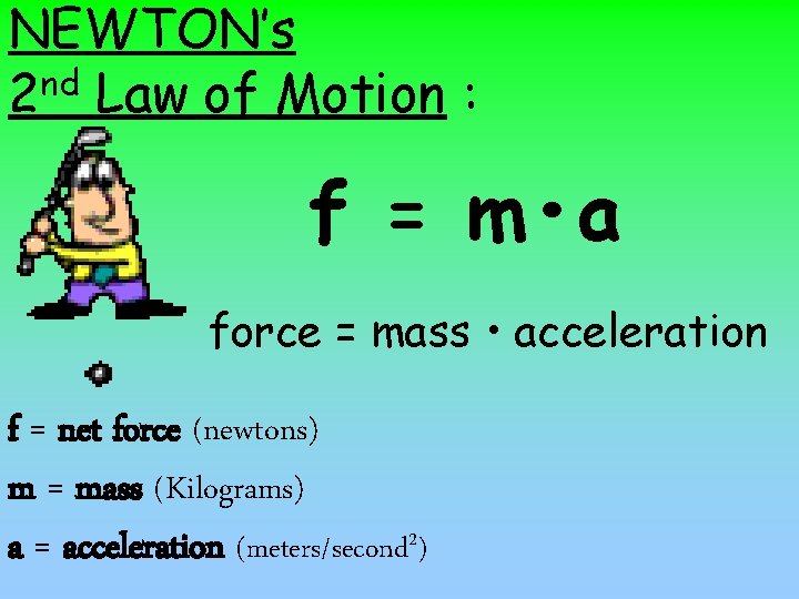NEWTON’s nd 2 Law of Motion : f = m • a force =
