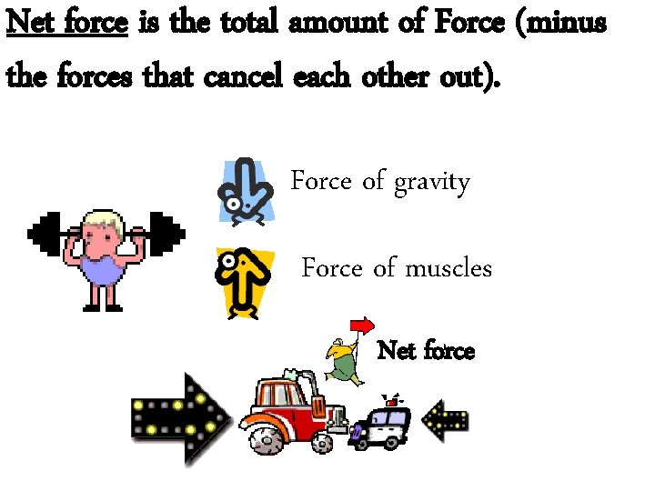 Net force is the total amount of Force (minus the forces that cancel each