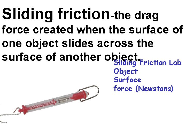 Sliding friction-the drag force created when the surface of one object slides across the