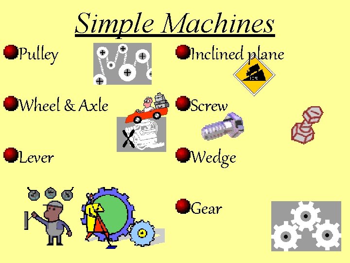 Simple Machines Pulley Inclined plane Wheel & Axle Screw Lever Wedge Gear 