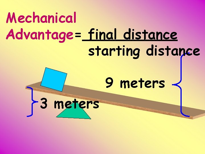 Mechanical Advantage= final distance starting distance 9 meters 3 meters 