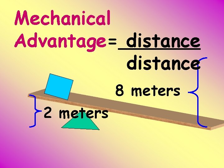 Mechanical Advantage= distance 8 meters 2 meters 