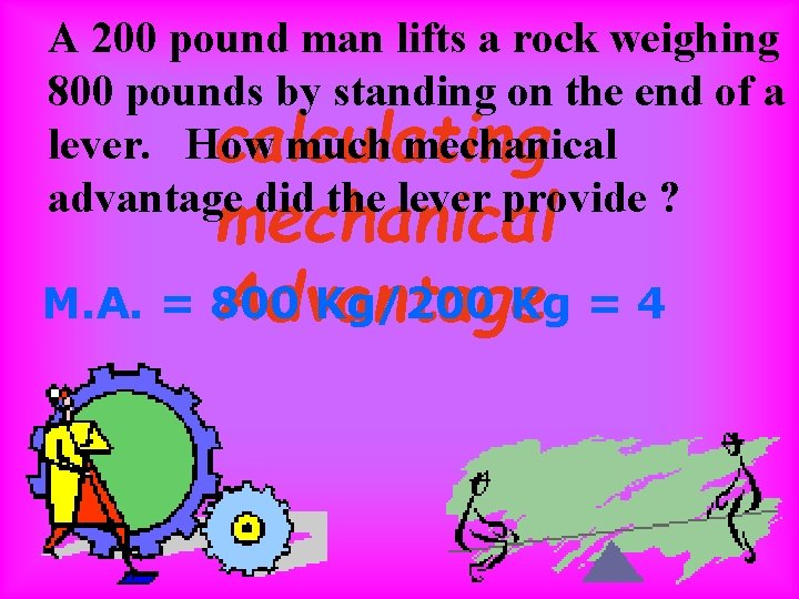 A 200 pound man lifts a rock weighing 800 pounds by standing on the