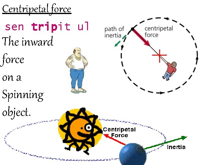 Centripetal force sen tripit ul The inward force on a Spinning object. 