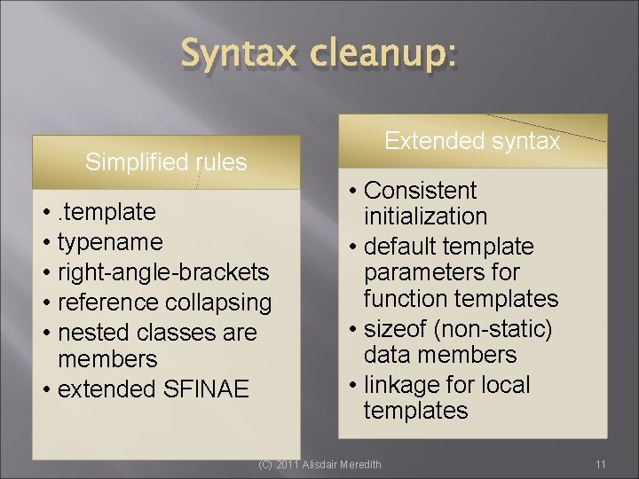 Syntax cleanup: Extended syntax Simplified rules • • • . template typename right-angle-brackets reference