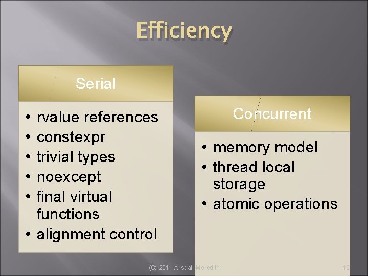 Efficiency Serial • • • rvalue references constexpr trivial types noexcept final virtual functions