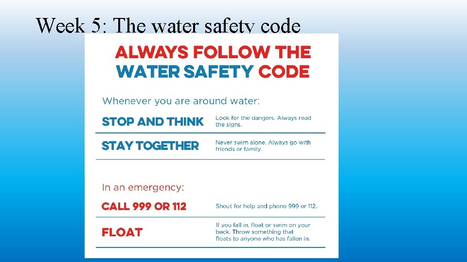 Week 5: The water safety code 
